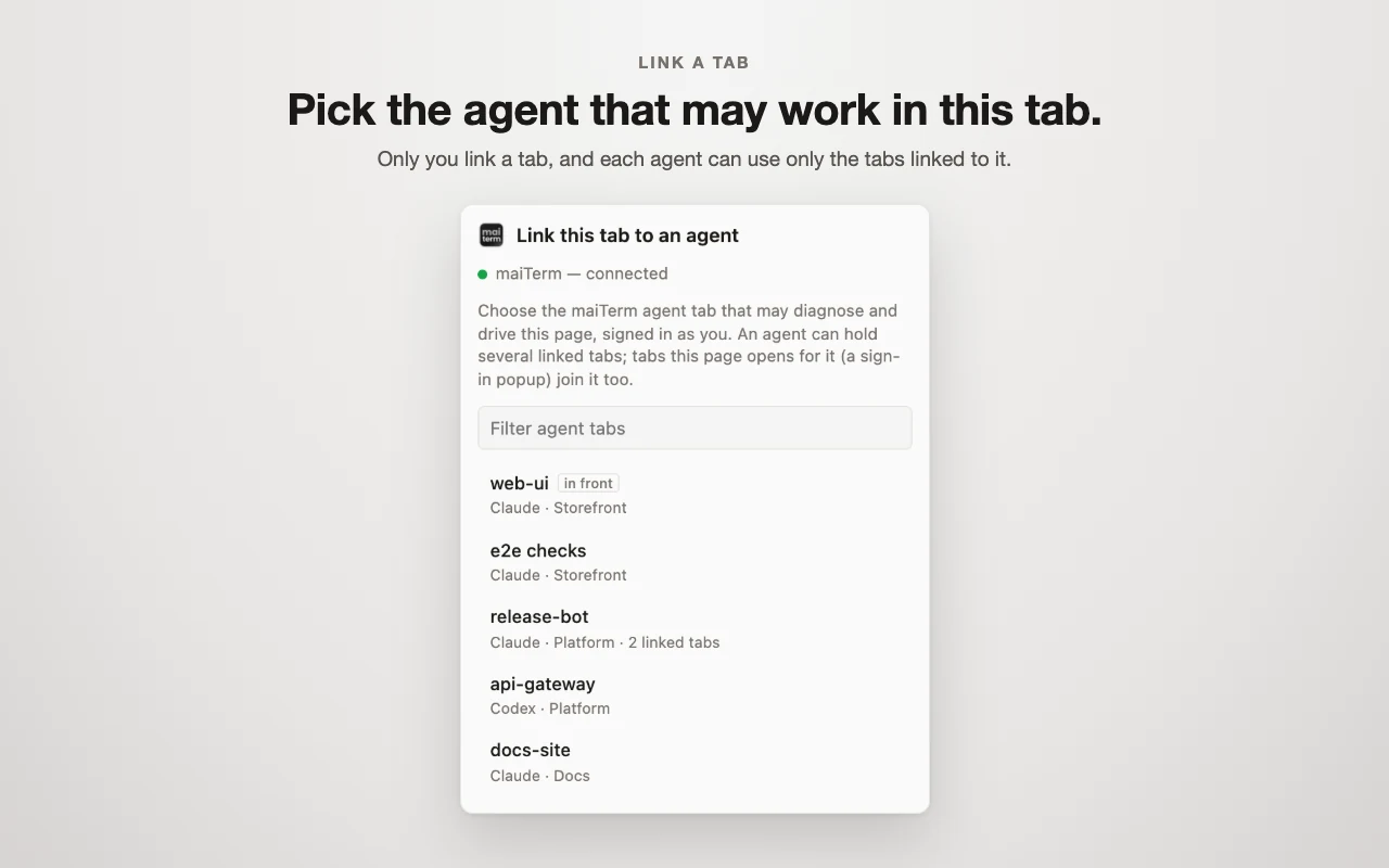 The maiTerm extension's popup listing agent tabs to link the current page to