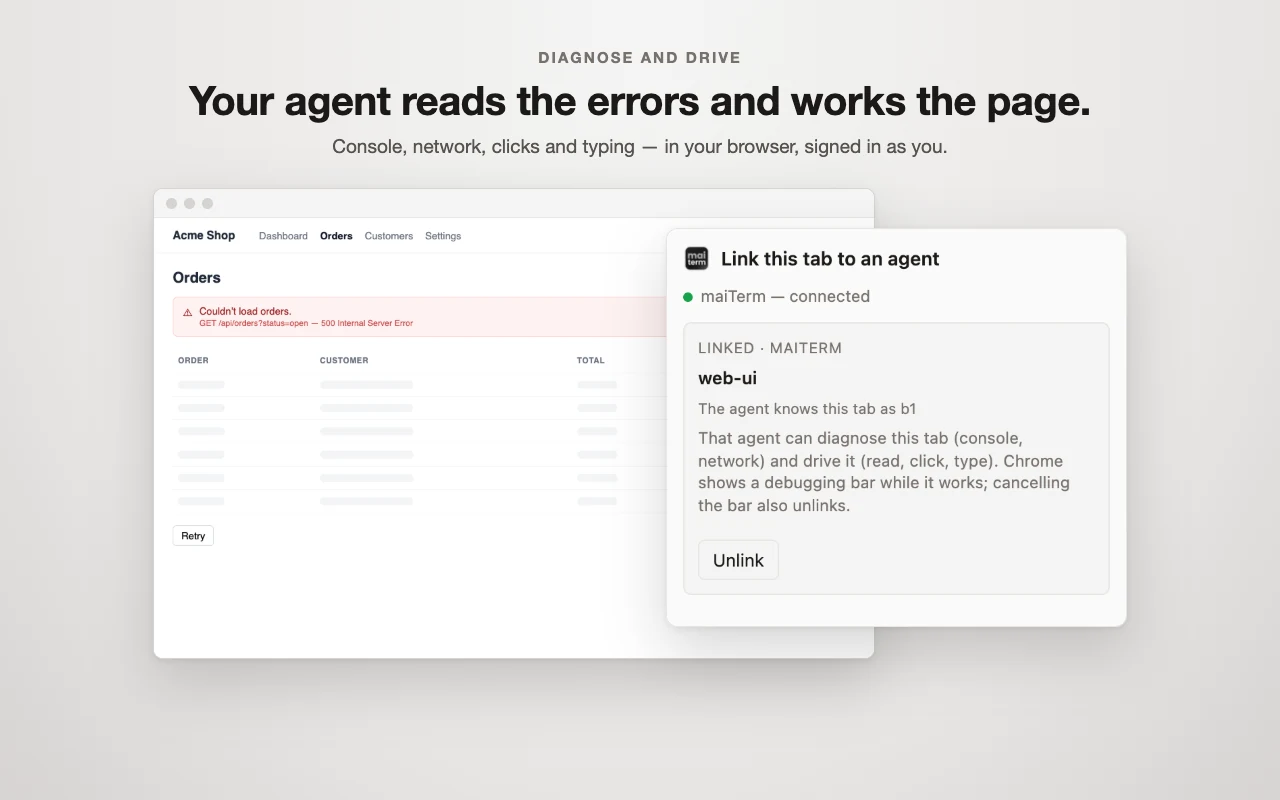 A web app showing a failed request, with the maiTerm extension's popup open beside it: linked to the agent tab web-ui