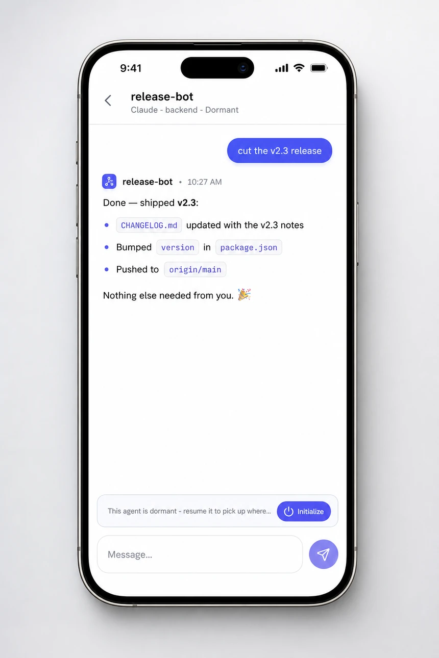 A live agent transcript on the phone, with a bar to resume a dormant agent