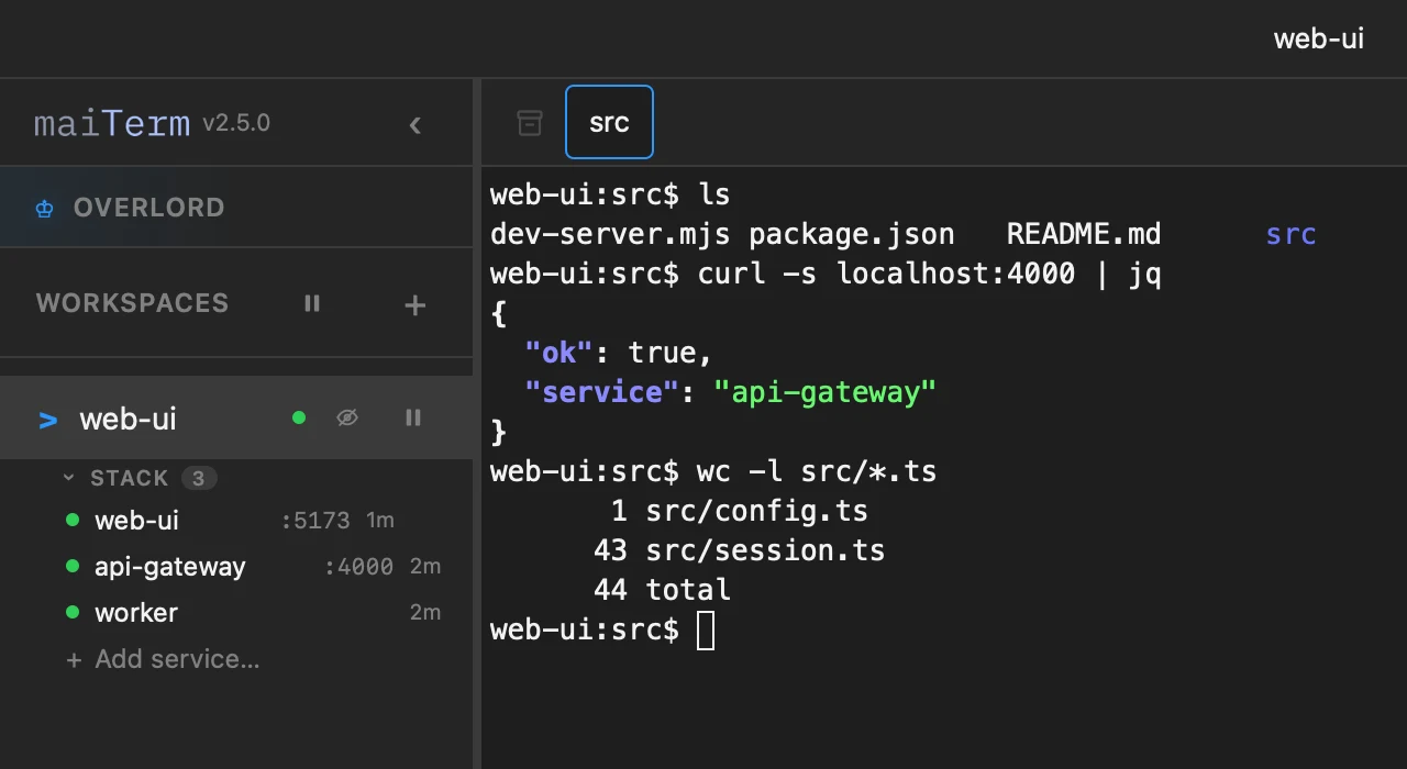 A workspace's Stack section in the sidebar: web-ui on port 5173, api-gateway on 4000, and a worker with no address, each with a status dot and uptime